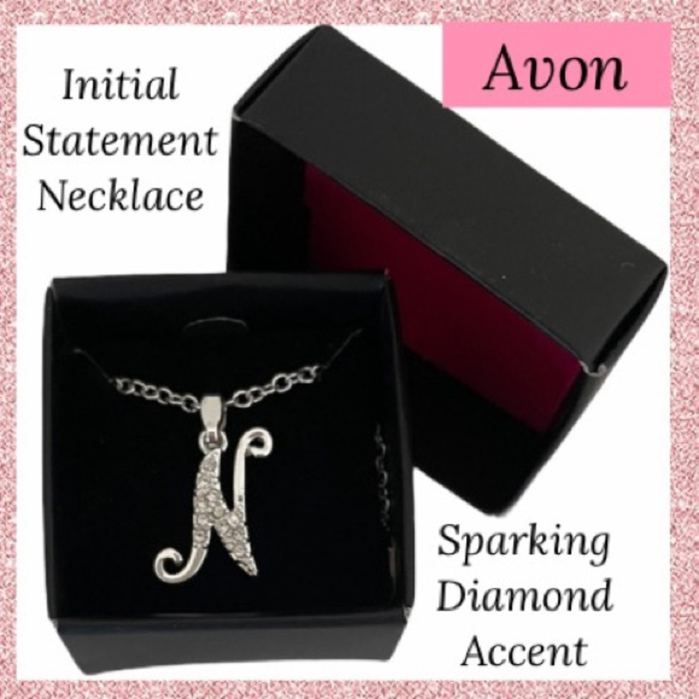 Avon Script N Initial Necklace Silver Diamond Crystal Accent Delicate Luxury
